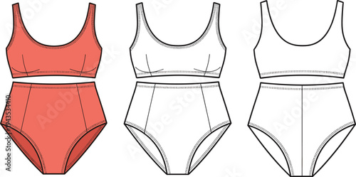 Women High Waisted Bikini Swimsuit Flat Vector Illustration - Swimwear Technical Sketch Design