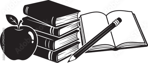 Education icons with books, apple and pencil illustration