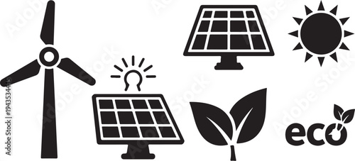 Eco friendly energy icons with solar panels and wind turbine