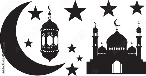 Ramadan Kareem Islamic Silhouette with Crescent Moon and Stars
