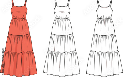 Women Tiered Maxi Sun Dress Flat Vector Illustration - Summer Apparel Technical Sketch Design