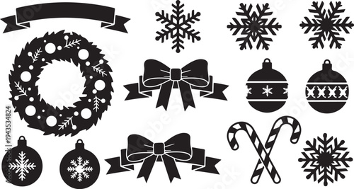 Black and white Christmas icons and decorations set