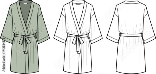 Women's Kimono Bathrobe Flat Technical Sketch and Spa Robe Fashion Vector Template