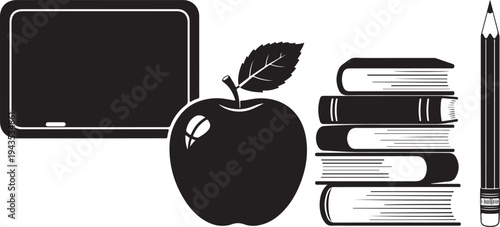 Education icons including books, apple, and chalkboard in monochrome