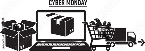 Cyber Monday online shopping concept with boxes and cart