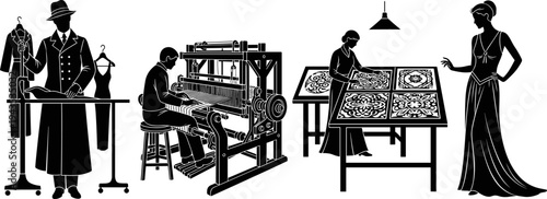 Silhouettes of textile and fashion industry workers, including tailor, weaver, pattern maker, and elegant model, industrial production vector illustration set