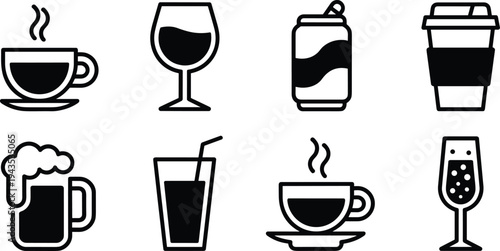 Set of beverage icons including coffee cup, wine glass, soda can, beer mug and various refreshing drink symbols.