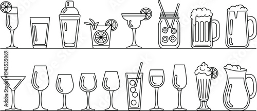 Set of various beverage and cocktail icons including glasses, mugs, and jugs in simple flat linear vector style.