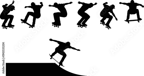 Skateboarder trick sequence silhouette set showing urban skateboarding action, extreme sport motion, jump progression, street culture, black vector illustration isolated on white background