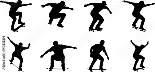 Skateboarder silhouettes set performing jump tricks, urban street skateboarding action poses and freestyle movement, black vector illustration isolated on white background