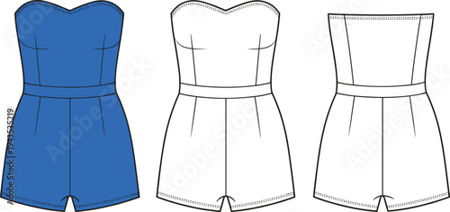 Women's Strapless Sweetheart Romper Flat Fashion Sketch, Jumpsuit Technical Illustration Template