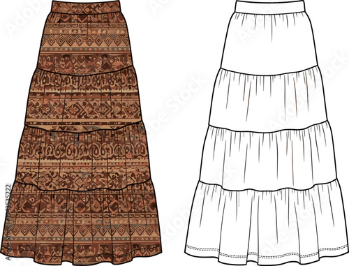 Women's Tiered Maxi Skirt Flat Fashion Sketch, Long Boho Skirt Technical Illustration Template