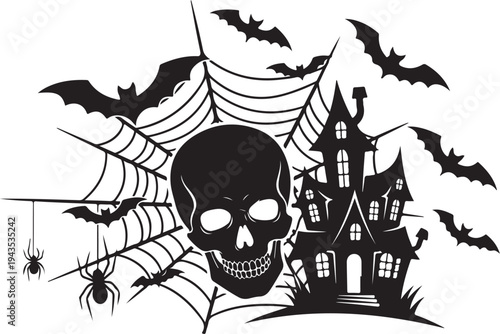 Halloween scene with spooky skull and haunted house silhouette