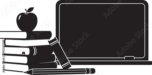 Education concept with books, apple, and blackboard illustration
