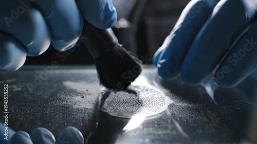Forensic expert wearing blue protective gloves carefully dusts a latent fingerprint using a specialized brush on a dark reflective surface during a detailed criminal investigation process.