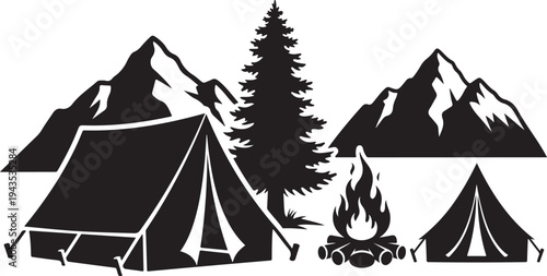 Camping in the mountains with tents and campfire illustration