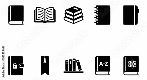 Book and Library Icon Set, Black Minimalist Vector Symbols for Literature, Reading, and Education Study Use, Isolated on White Background