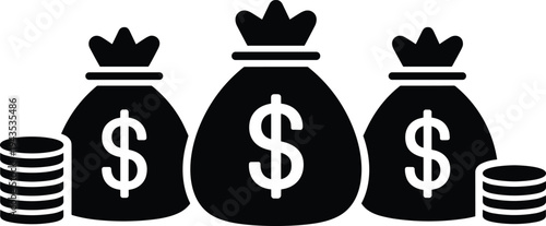 Set of money bags with dollar signs and stacked coins, finance and banking icon for business and economy projects.