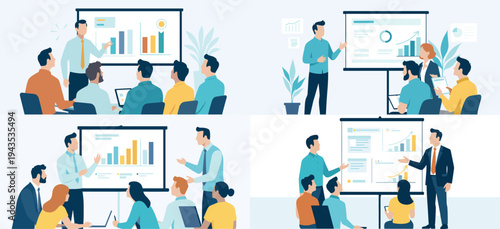 Business presentation meeting with team analyzing sales chart on screen, flat 2D illustration 4 sets