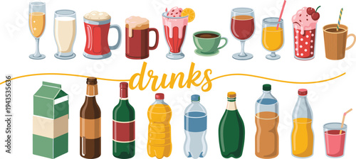 Set of various refreshing beverages including different types of glasses, bottles, milk cartons, and cocktails, flat vector illustration.