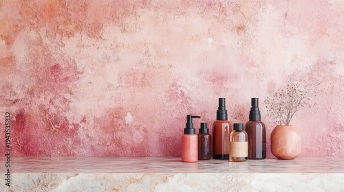 Cosmetic bottles and jars on a light pink background.