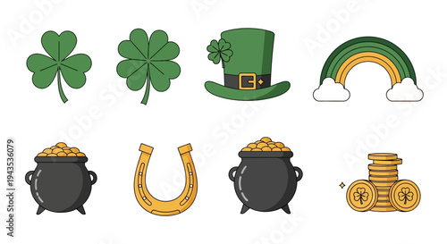 luck four leaf clover pot of gold shamrock st patricks day rainbow symbol icon set