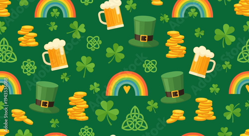 St Patricks Day festive pattern with green hats beer mugs rainbows and gold coins