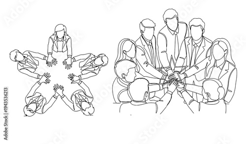 A minimalist line art illustration of people stacking their hands in a team building exercise