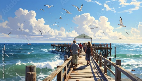 A sunny pier scene where people stroll, observing a flock of seagulls soaring under a big, fluffy cloud-filled sky. The vast ocean stretches out