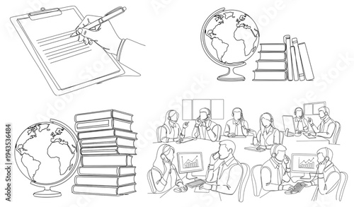 A minimalist line art illustration of education and business concepts