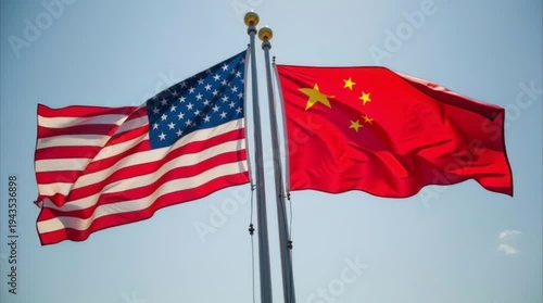 USA and China Flags Waving Together Under a Clear Blue Sky, Diplomacy Concept