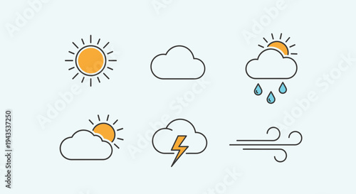 Weather Icons Sun Clouds Rain Lightning Wind.
