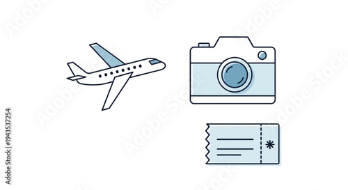 Airplane Camera and Travel Ticket Icon Set.
