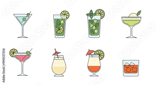 Assorted Cocktail Glasses with Various Drinks.