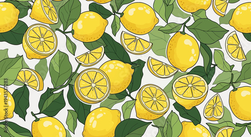 Assorted Lemons and Lemon Slices with Leaves.