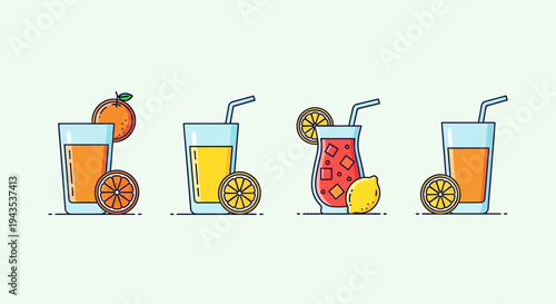 Four Glasses of Juice with Fruits.