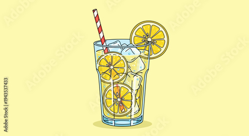 Glass of Lemonade with Lemon Slices and Straw.
