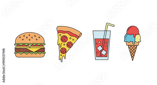 Hamburger Pizza Drink Ice Cream Illustration.