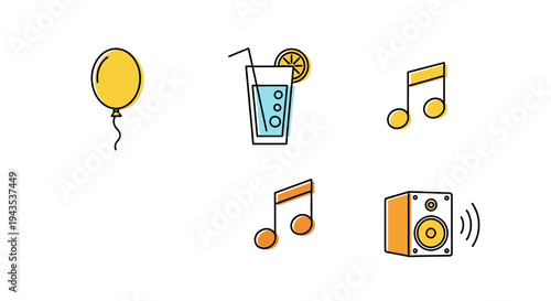 Party Icons Featuring Music and Drinks.