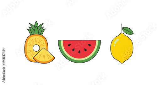 Pineapple Watermelon and Lemon Fruit Illustration.
