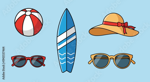Summer Accessories Beach Ball Surfboard Sunglasses Hat.