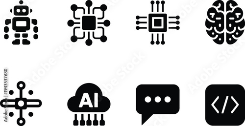 Collection of artificial intelligence icons and symbols representing technology and future development