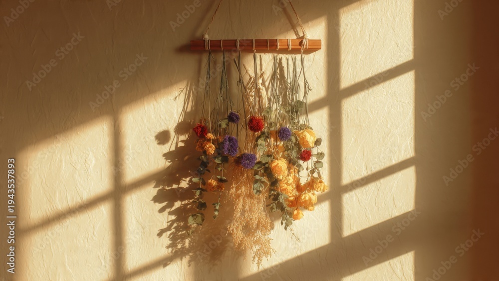 Fototapeta premium Dried Flower Wall Hanging with Golden Hour Window Shadow