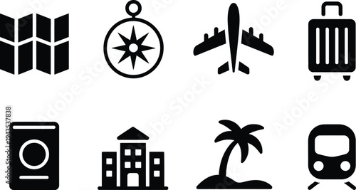 Collection of travel and transportation icons for vacation and journey planning elements