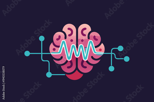 brain with neural signal wave technology icon