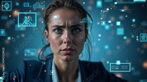 Woman stressed by digital data overload, technology anxiety, abstract futuristic background
