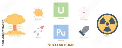 Nuclear Bomb Flat Icons Vector - Nuclear Explosion, Detonation, Radiation, Uranium, Plutonium, Shockwave, Missile, Atomic Bomb 