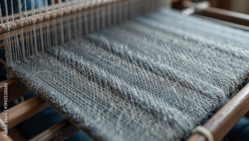 Close up view of a loom with grey thread being woven into fabric weaving