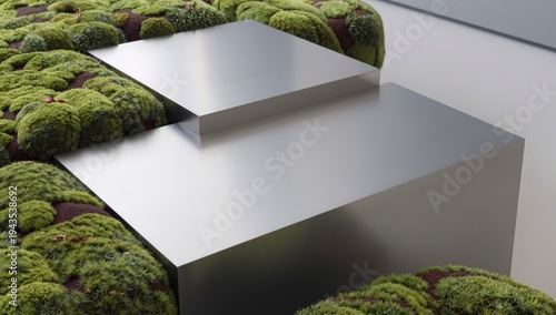 Geometric metallic cubes resting on lush green moss formations nature abstract