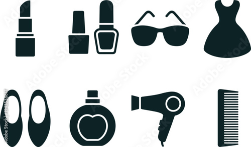 Beauty and fashion vector icons set with lipstick nail polish sunglasses dress shoes and hair dryer